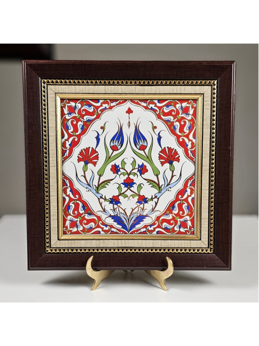 Framed Turkish Iznik Ceramic Tile Art - Hand Painted Tulip & Carnation Ottoman